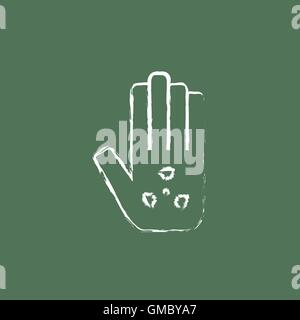 Ionizing radiation sign on a palm icon drawn in chalk. Stock Vector