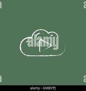 Cloud with play button icon drawn in chalk. Stock Vector