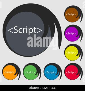 Script sign icon. Javascript code symbol. Symbols on eight colored buttons. Vector Stock Vector