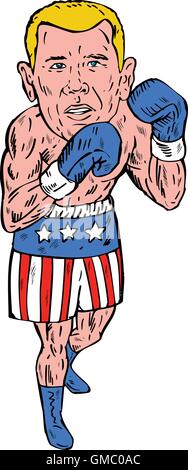 Boxer Pose USA Flag Etching Stock Vector