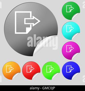Export file icon. File document symbol. Set of eight multi colored round buttons, stickers. Vector Stock Vector