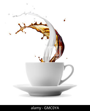 cup of coffee and milk splashes isolated on white Stock Photo