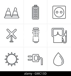 Line Icons Style  vector black eco energy icons set on gray Stock Vector