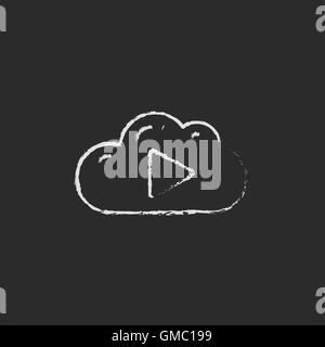 Cloud with play button icon drawn in chalk. Stock Vector