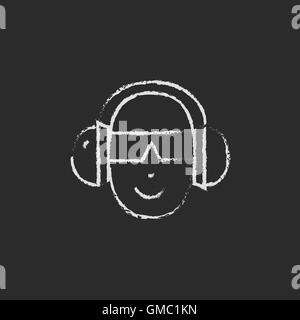 Man in a headphones icon drawn chalk. Stock Vector