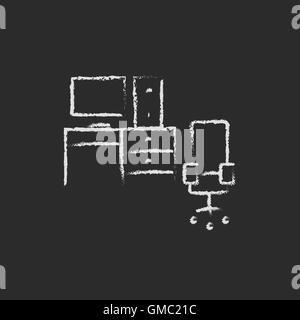 Computer set with table and chair icon drawn in chalk. Stock Vector