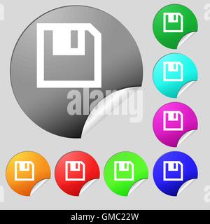 floppy icon. Flat modern design. Set of eight multi colored round buttons, stickers. Vector Stock Vector
