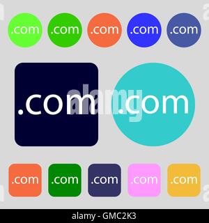Domain COM sign icon. Top-level internet domain symbol. 12 colored buttons. Flat design. Vector Stock Vector