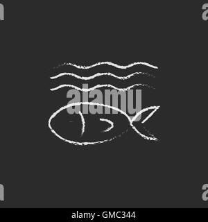 Fish under water icon drawn in chalk. Stock Vector