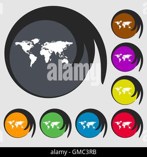 Globe sign icon. World map geography symbol. Symbols on eight colored buttons. Vector Stock Vector
