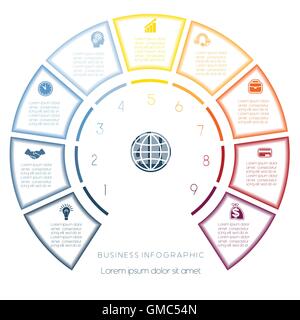Semicircle template from infographic, can be used for workflow layout, diagram, web design, nine number options, steps Stock Vector