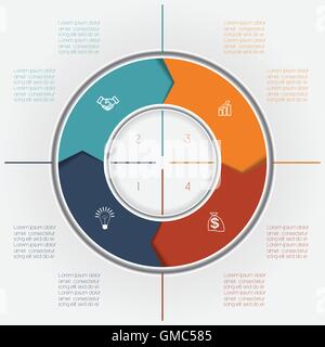 Template for Infographics business conceptual cyclic processes, colour ring from arrows four positions for text area Stock Vector