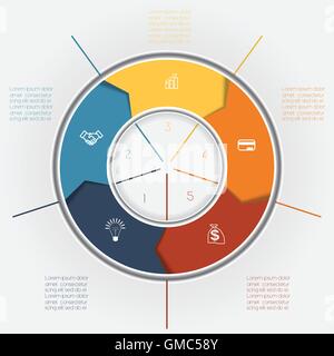 Template for Infographics business conceptual cyclic processes, colour ring from arrows five positions for text area Stock Vector