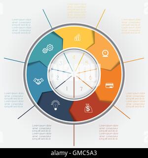Template for Infographics business conceptual cyclic processes, colour ring from arrows seven positions for text area Stock Vector