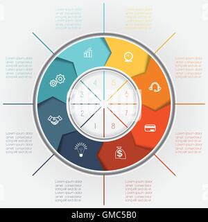 Template for Infographics business conceptual cyclic processes, colour ring from arrows eight positions for text area Stock Vector
