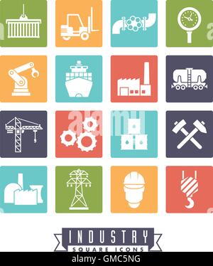 Collection of 16 colored square industry themed vector icons Stock Vector