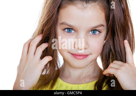 Portrait of beautiful little girl, studio on white background Stock Photo