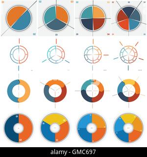 16 numbered Templates for Infographics, pie and ring chart, with text area on two,three, four, five positions Stock Vector
