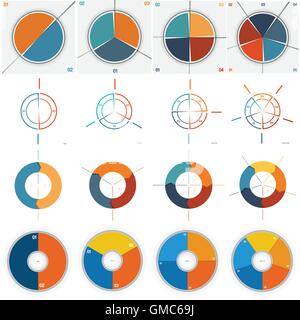 16 numbered Templates for Infographics, pie and ring chart, with text area on two,three, four, five positions Stock Vector