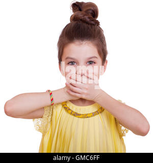 See No Evil, Hear No Evil, do not say anything, Portrait of beautiful little girl, studio on white background Stock Photo
