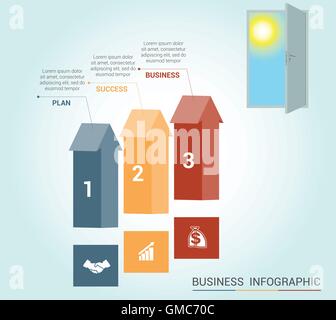 Template Conceptual infographics, arrows colored and doorway, 3 positions Stock Vector