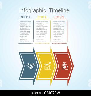 Template Timeline Infographic colored horizontal arrows numbered for three position can be used for workflow, banner, diagram Stock Vector