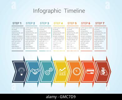Template Timeline Infographic colored horizontal arrows numbered for seven position can be used for workflow, banner, diagram Stock Vector