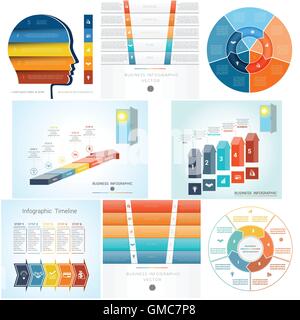 Infographics set 8 templates, diagram with five steps, options, parts, processes. Stock Vector