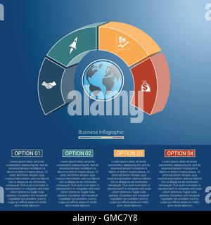 Template infographics business concept coloured parts semicircle and globe, numbered for four positions, options, parts Stock Vector