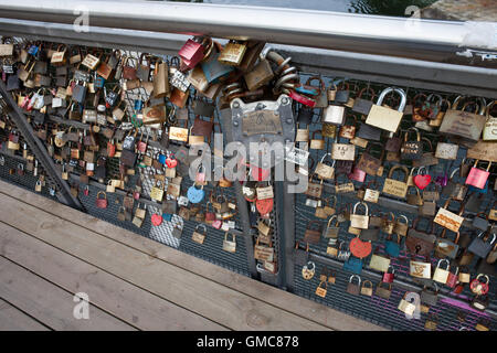 Love locks on a bridge over Brda River in Bydgoszcz, Poland Stock Photo