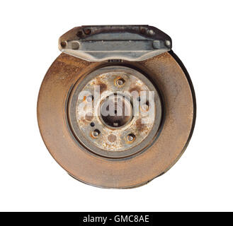 Old and rusty car disc brake and caliper, isolated on white background Stock Photo