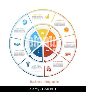 Template infographic seven position, steps, parts, with text area, vector illustration colourful in the form of circle parts. Stock Vector