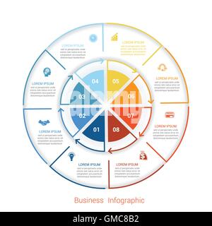Template infographic eight position, steps, parts, with text area, vector illustration colourful in the form of circle parts. Stock Vector