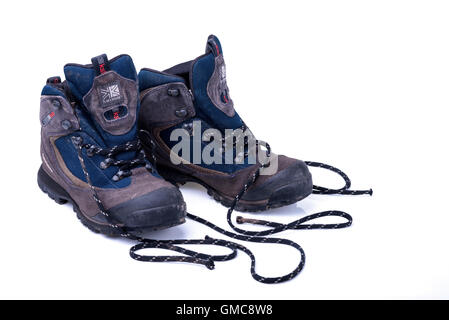 Pair walking boots isolated on white background. Stock Photo