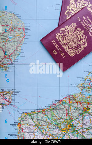 United kingdom passports on european map. Stock Photo