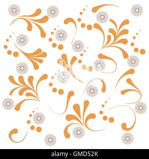 Cute pattern with various naive plants and contours of flowers on a white background Stock Vector