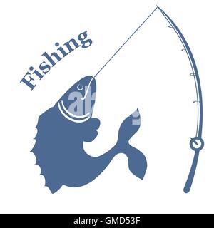Stylized icon with big fish caught the rod and an inscription: "Fishing" on a white background Stock Vector