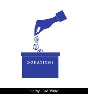 Stylized icon calling to make a donation. Hand pouring the bitcoins in the donation box on a white background Stock Vector