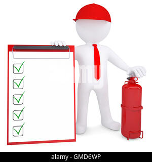 3d man with fire extinguisher and checklist Stock Photo