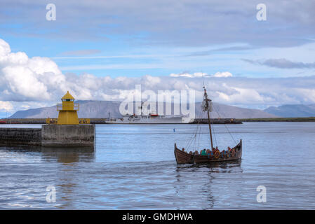 viking boat with tourists in the harbour of Reykjavik, Iceland Stock Photo