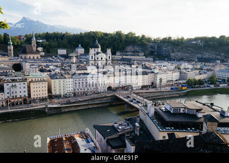 Salzburg, Austria - April 29, 2015: Cityscape from the hill of Kapuzinerberg at dusk. Salzburg was the birthplace of Mozart. Stock Photo
