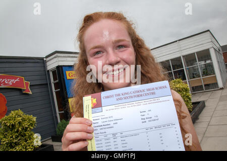 Southport, Merseyside. 25 Aug 2016. Lauren Williamson a  pupil from 'Christ The King Catholic High School' in Southport, celebrates her GCSE results.  After a long summer waiting for today the relief was evident as students ripped open their envelopes. Credit:  Cernan Elias/Alamy Live News Stock Photo