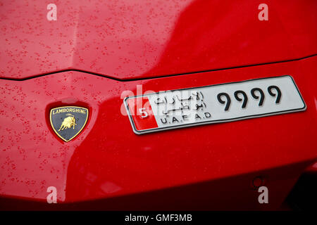 Knightsbridge, London, UK, 25 Aug 2016 - Lamborghini with UAEAD licence plate parked on double yellow lines in Knightsbridge Credit:  Dinendra Haria/Alamy Live News Stock Photo