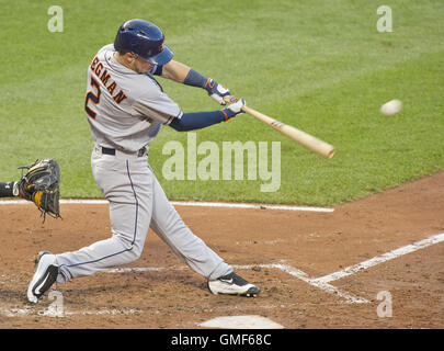 Baltimore, Maryland, USA. 19th Aug, 2016. Houston Astros third baseman Alex Bregman (2) doubles in the second inning against the Baltimore Orioles at Oriole Park at Camden Yards in Baltimore, MD on Friday, August 19, 2016. The Astros won the game 15 - 8.Credit: Ron Sachs/CNP © Ron Sachs/CNP/ZUMA Wire/Alamy Live News Stock Photo