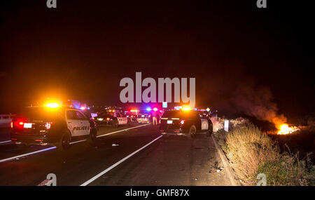 Huntington Beach, California, USA. 26th Aug, 2016. A suspect who shot a Huntington Beach Police officer during a pursuit dead after losing control of his vehicle on the Northbound 15 Freeway at Cleghorn Road around 1:30 a.m. Friday morning August 26, 2016 in San Bernardino County. Credit:  Kevin Warn/ZUMA Wire/Alamy Live News Stock Photo