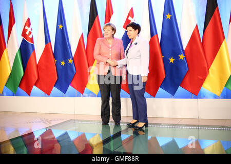 Warsaw, Poland. 26th August, 2016. Polish Prime Minister Beata Szydlo held official meeting with the German Chancellor Angela Merkel and the Visegrad Group. Primer of Hungary Viktor Orban, Czech Primer Bohuslav Sobotka and Slovakian Prime Minister Robert Fico took part in talkings. Credit:  Jake Ratz/Alamy Live News Stock Photo