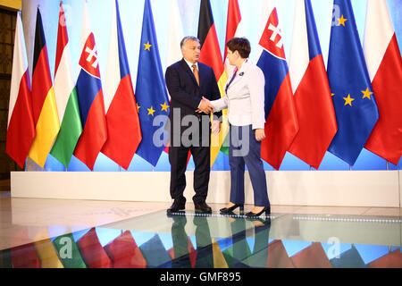 Warsaw, Poland. 26th August, 2016. Polish Prime Minister Beata Szydlo held official meeting with the German Chancellor Angela Merkel and the Visegrad Group. Primer of Hungary Viktor Orban, Czech Primer Bohuslav Sobotka and Slovakian Prime Minister Robert Fico took part in talkings. Credit:  Jake Ratz/Alamy Live News Stock Photo