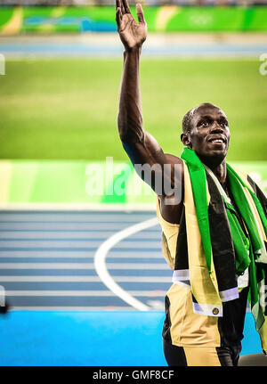 RIO DE JANEIRO, RJ - 19.08.2016: ATHLETICS RIO 2016 OLYMPICS - Usein Bolt in the relay 4 by 100 celebrates victory with team Jamaica (Photo: Alexandre Battibugli/Fotoarena) Stock Photo