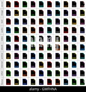100 file types icons in simple flat style for graphic web design. Symbol isolated on white background. Stock Vector