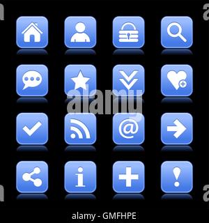 16 blue satin icon with white basic sign on rounded square web button with color reflection on background. Stock Vector